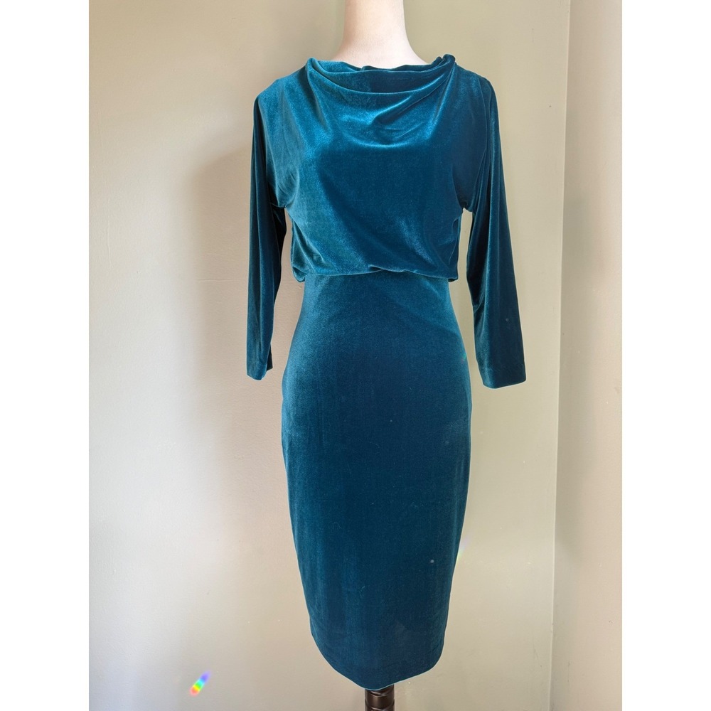Badgley Mischka Teal Velvet Cowl Neck Long Sleeve MIDI Dress 0 y2k whimsi boho f